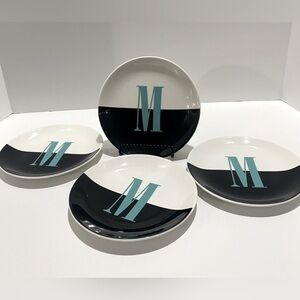 4 Kate Spade Lenox Dessert Plates Monogram  Initial "M" Black White Teal 6.75"